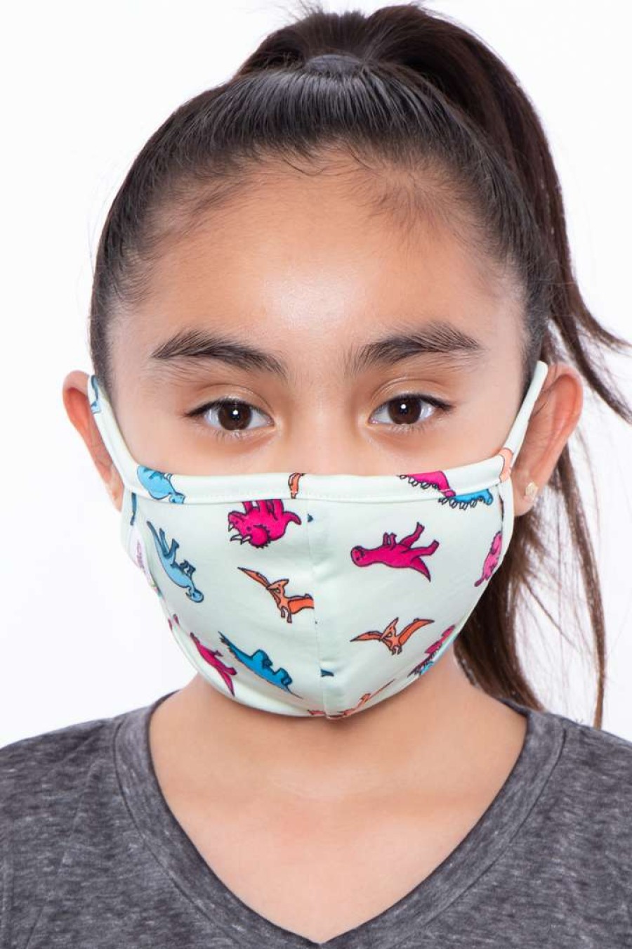 Accessories * | Curvy Sense Face Masks Kids Washable Fun Patterns Face Mask ( Ages 4 11 ) Dino Seafoam