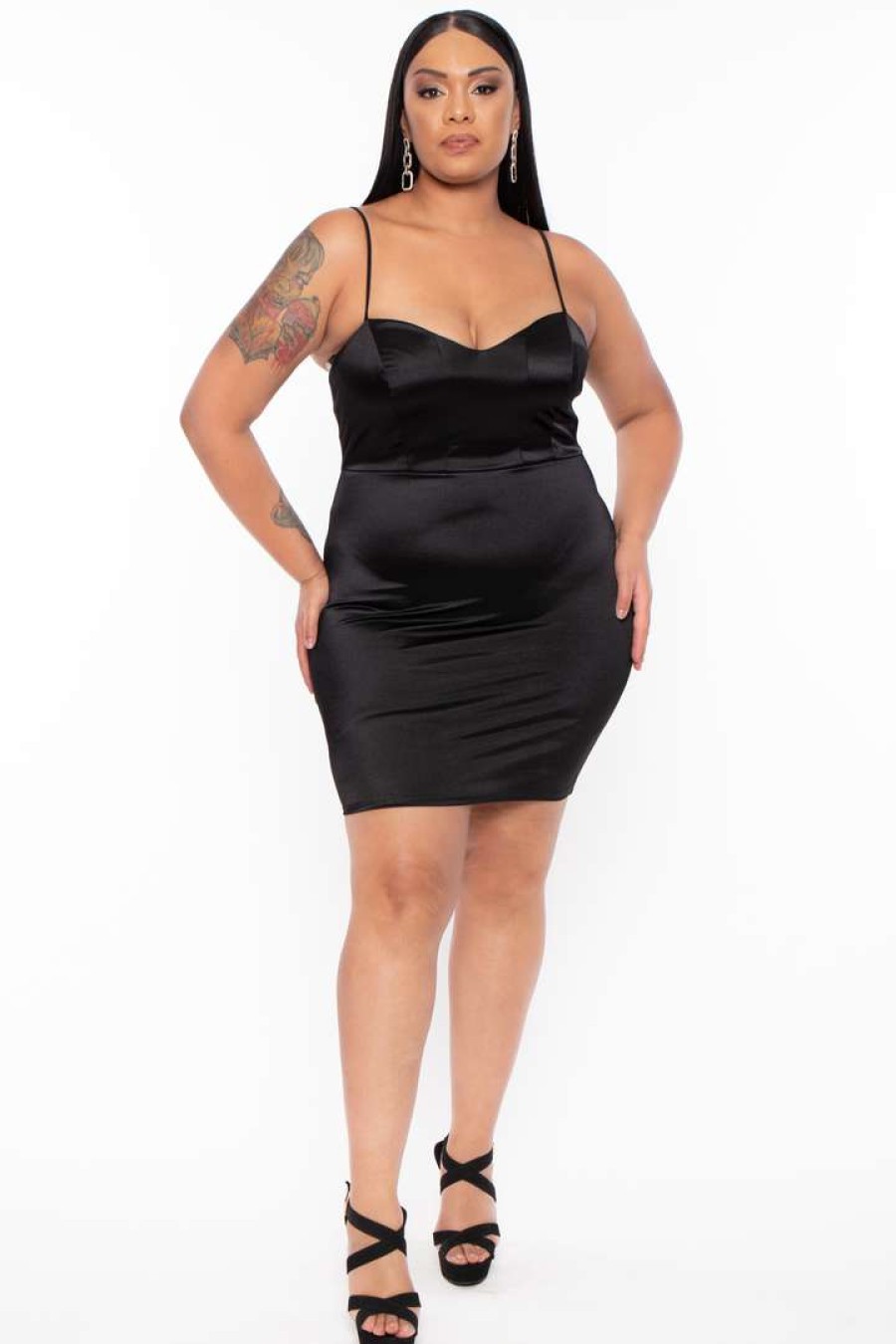 Dresses * | Curvy Sense Party Shop Plus Size Lilith Satin Mini Dress Black