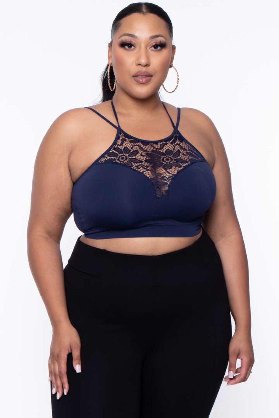 Tops * | Zenana Plus Size Lace Trim Bralette Tops Navy