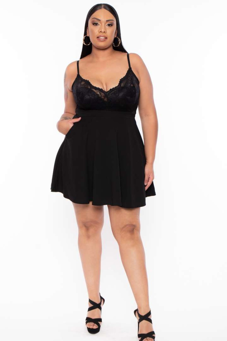 Dresses * | Curvy Sense Plus Size Cami Lace Top Dress New Arrivals Black