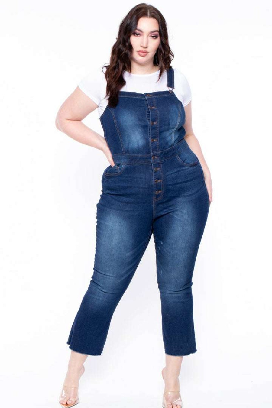 Bottoms * | Wax Jean Plus Size Denim Cropped Flare Overalls Jeans Dark Wash