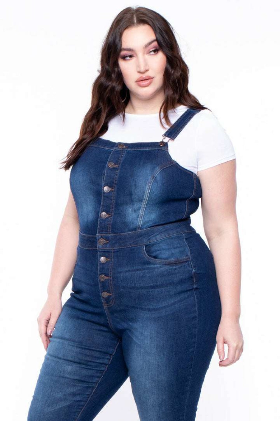 Bottoms * | Wax Jean Plus Size Denim Cropped Flare Overalls Jeans Dark Wash