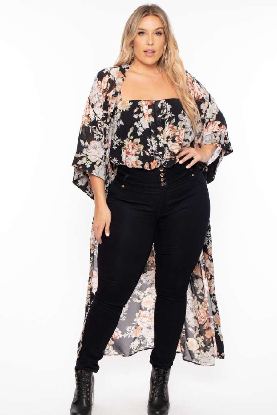 Tops * | Miss Avenue Plus Size Floral Bodysuit And Kimono Set Tops Black