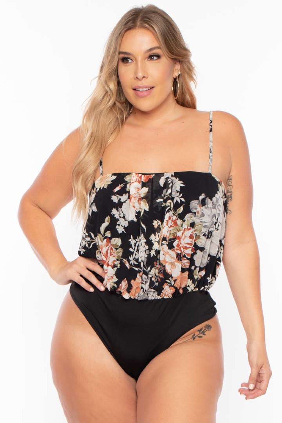 Tops * | Miss Avenue Plus Size Floral Bodysuit And Kimono Set Tops Black