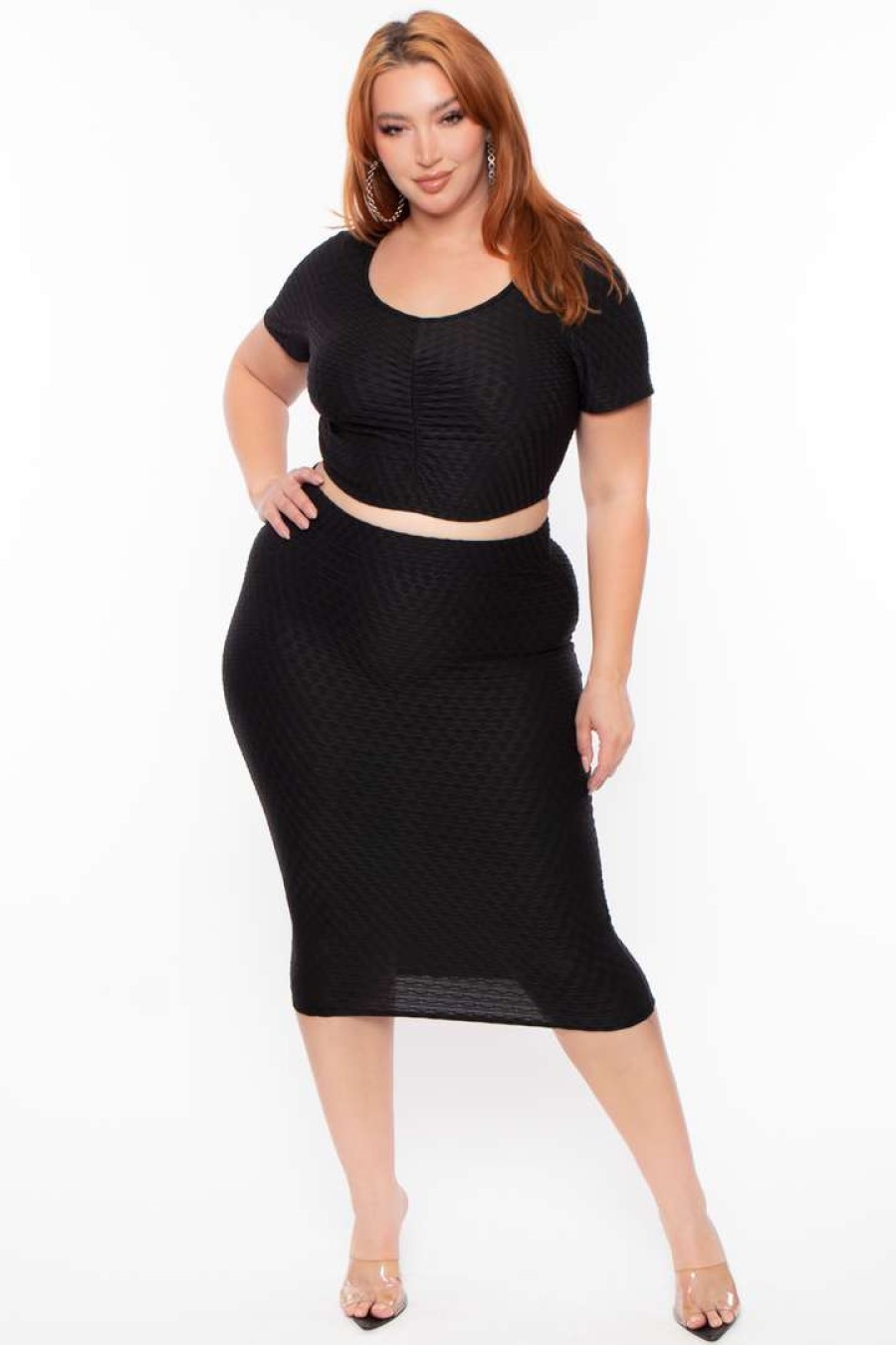 Sets * | Curvy Sense Plus Size Isla Textured Matching Set Matching Sets Black