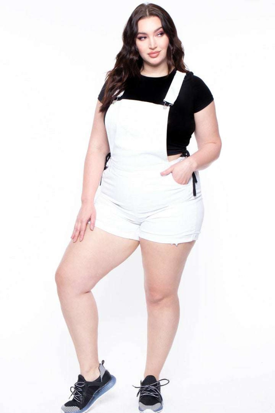 Bottoms * | Wax Jean Back In Stock Plus Size Destroyed Basic Denim Overall Shorts White