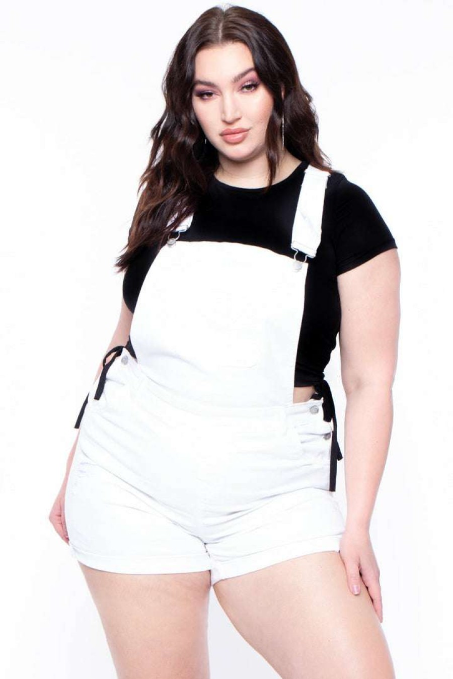 Bottoms * | Wax Jean Back In Stock Plus Size Destroyed Basic Denim Overall Shorts White