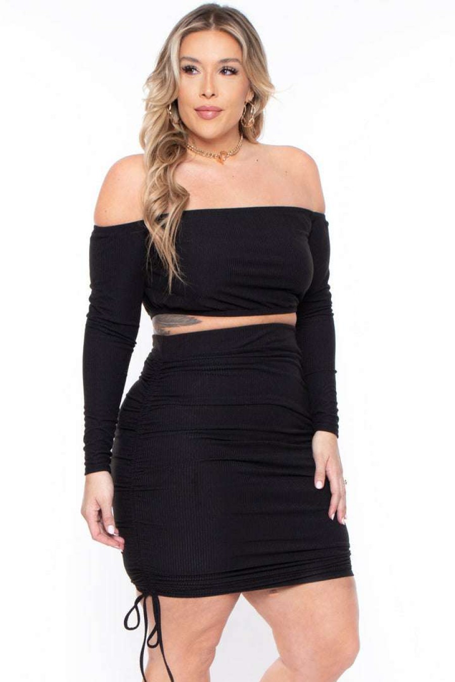 Sets * | Curvy Sense Plus Size Tiffany Matching Skirt Set Sets Black