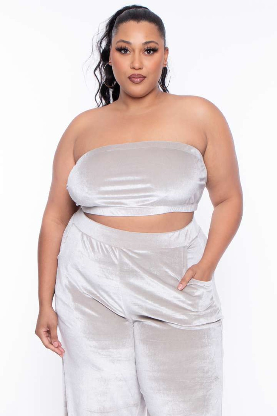 Sets * | Curvy Sense Plus Size Eloise Velour Bandeau & Pant Set Stone