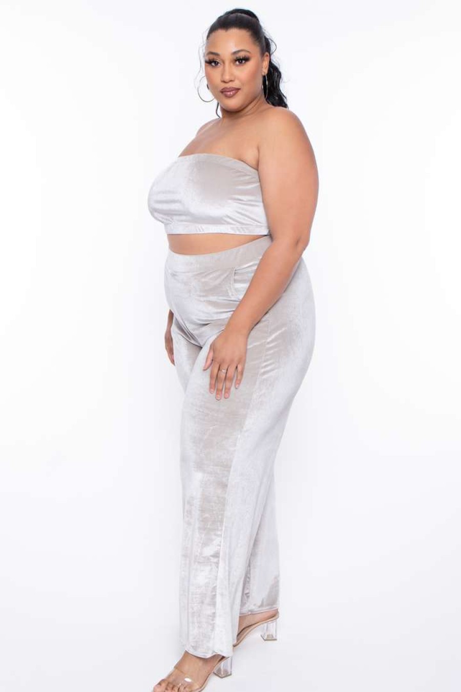 Sets * | Curvy Sense Plus Size Eloise Velour Bandeau & Pant Set Stone