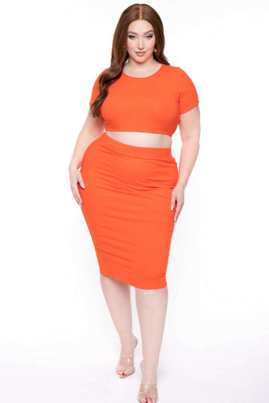 Sets * | Curvy Sense Plus Size Jane Crop Top And Skirt Matching Set Orange