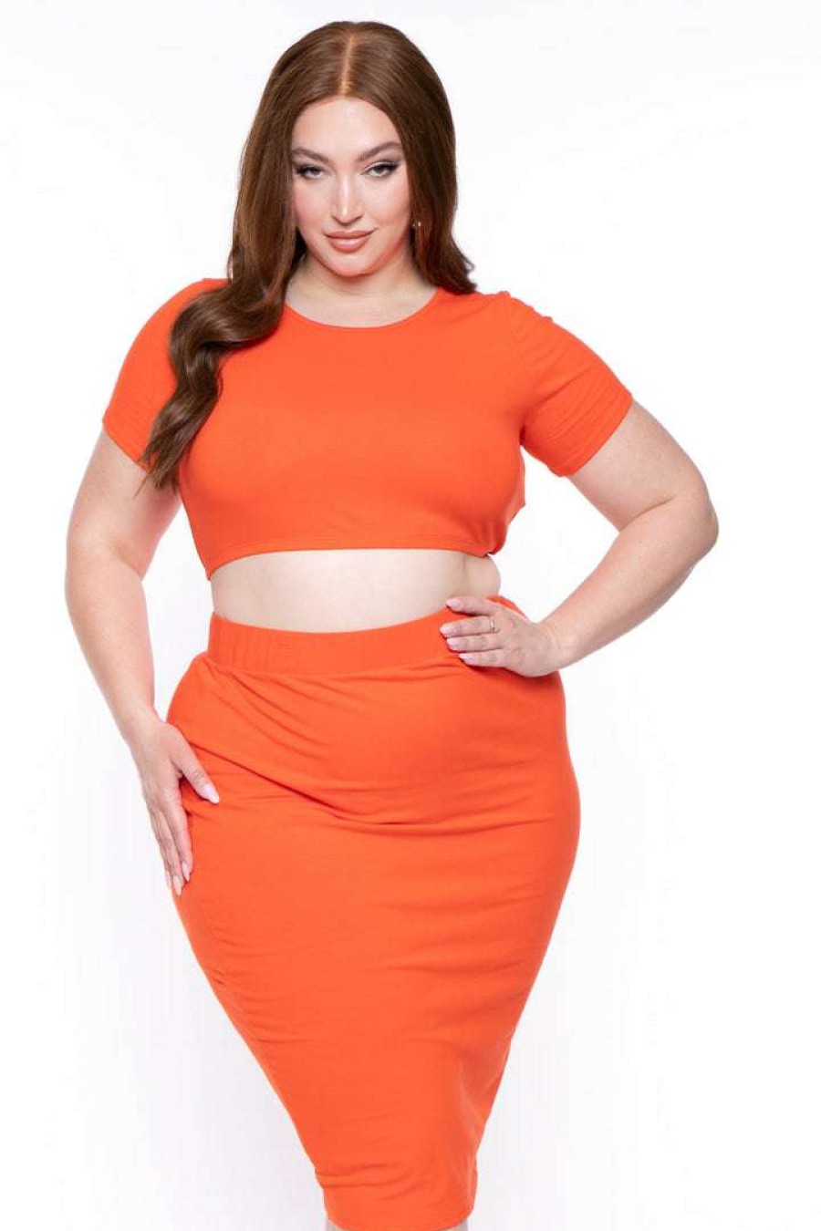 Sets * | Curvy Sense Plus Size Jane Crop Top And Skirt Matching Set Orange