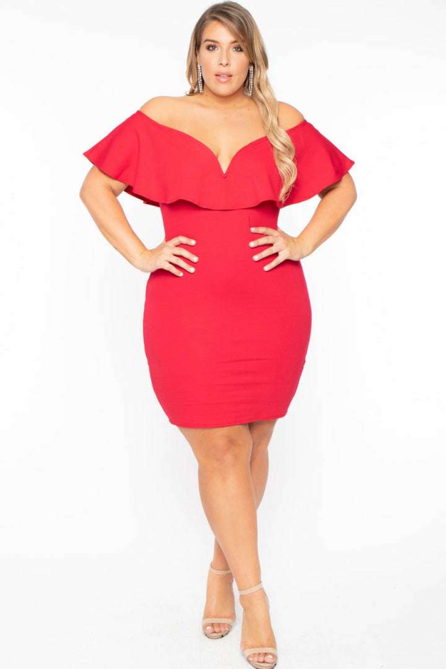 Dresses * | Curvy Sense Plus Size Frill Bodycon Dress Back In Stock Red