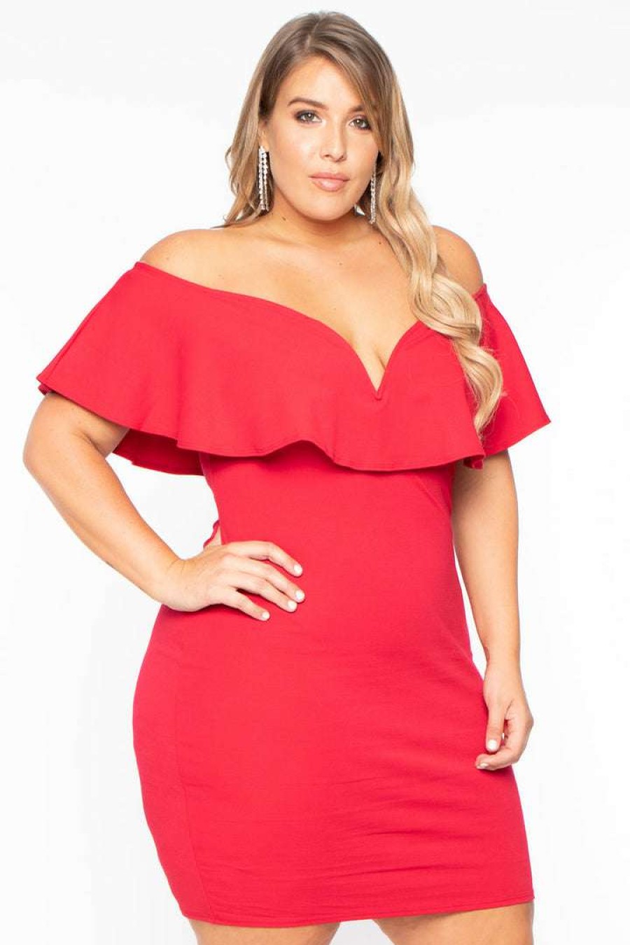 Dresses * | Curvy Sense Plus Size Frill Bodycon Dress Back In Stock Red