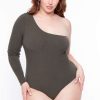 Sets * | Curvy Sense Plus Size Essential Ribbed Asymmetric Bodysuit Olive