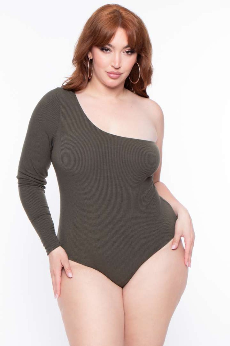 Sets * | Curvy Sense Plus Size Essential Ribbed Asymmetric Bodysuit Olive