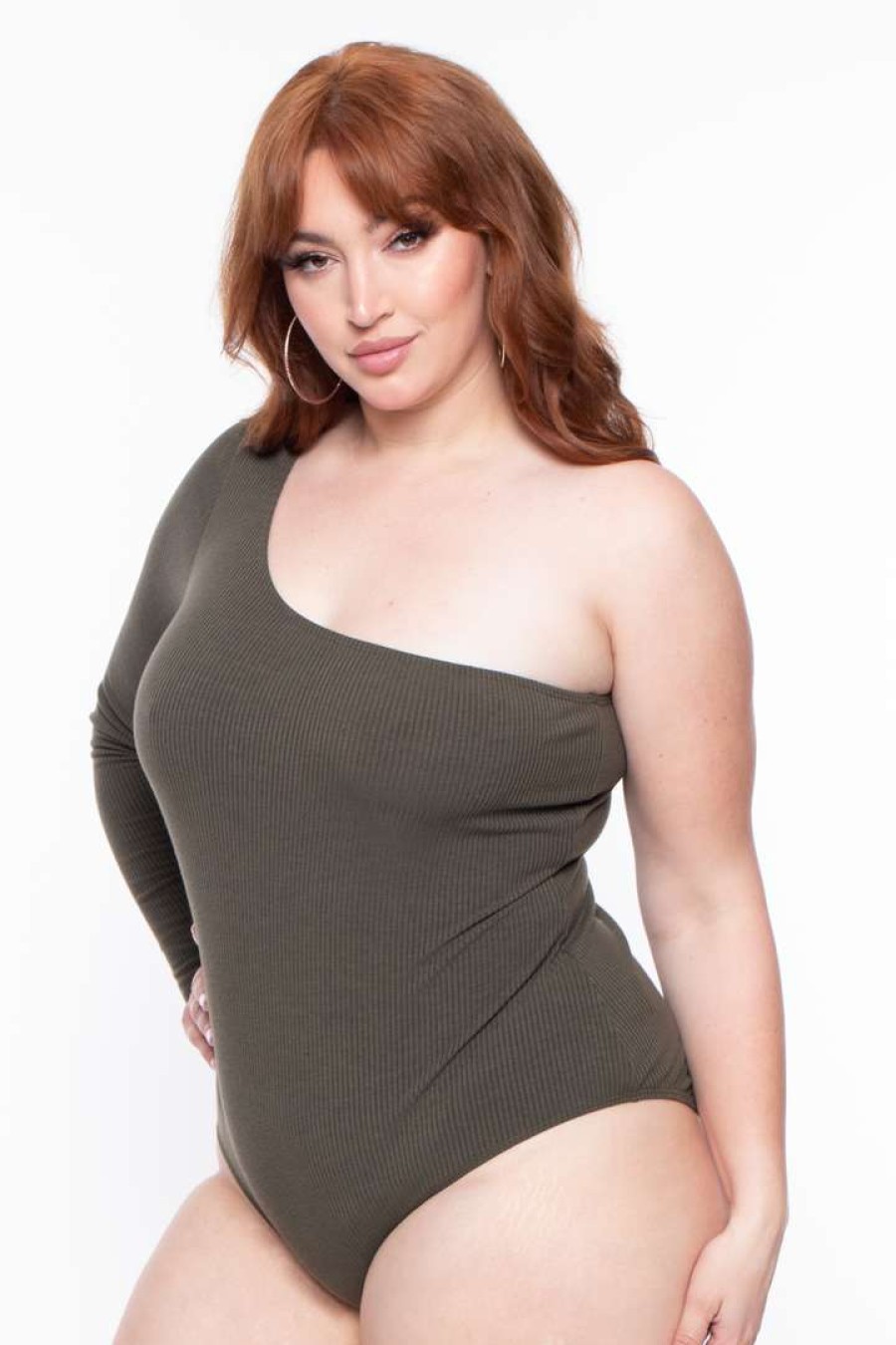 Sets * | Curvy Sense Plus Size Essential Ribbed Asymmetric Bodysuit Olive