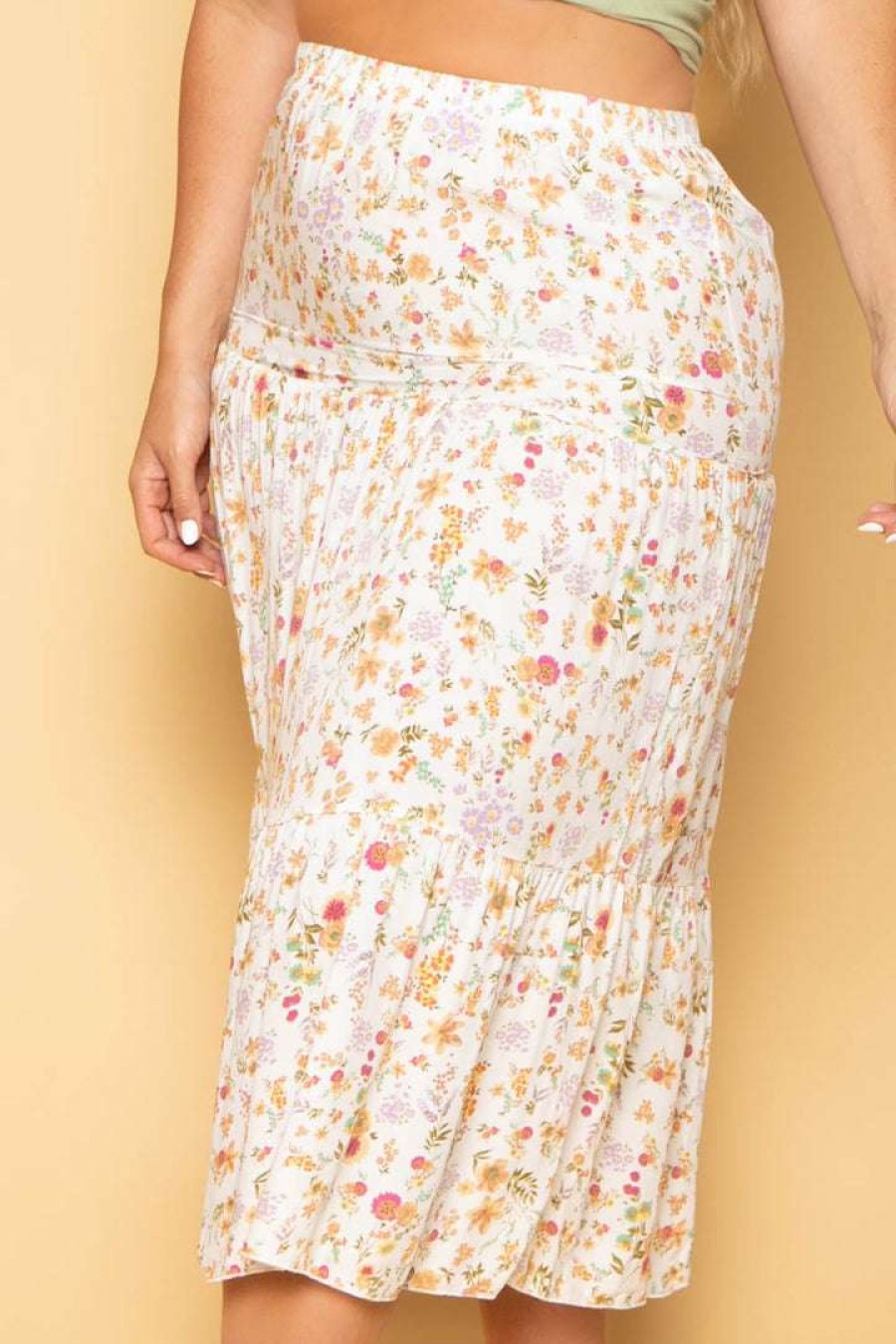 Bottoms * | Sky Plus Plus Size Floral Midi Skirt New Arrivals Ivory