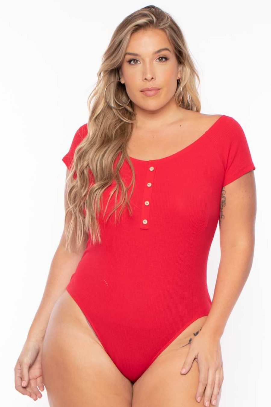 Tops * | Ambiance Plus Size Button Rib Bodysuit Red