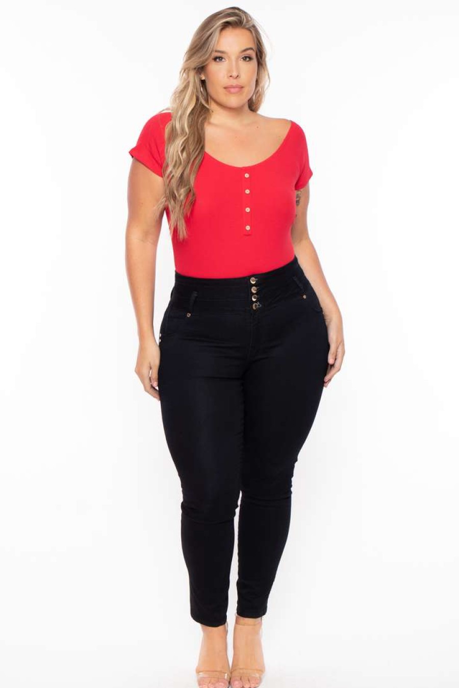 Tops * | Ambiance Plus Size Button Rib Bodysuit Red