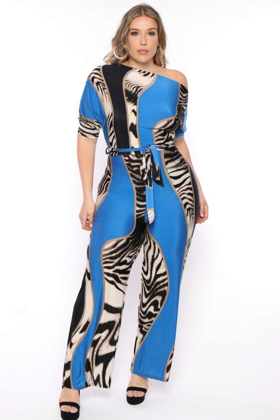 Jumpsuits * | Solid Party Jumpsuilts Plus Size Safari Off Shoulder Jumpsuit Royal