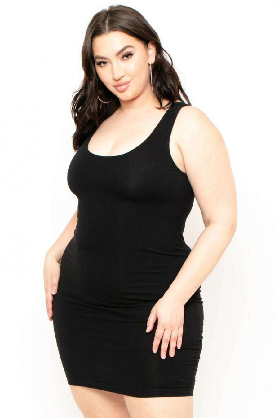 Dresses * | Curvy Sense Plus Size Essential Tank Bodycon Dress Little Styles Black