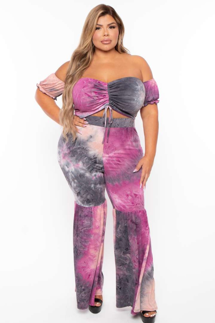 Sets * | Bluebell Plus Size Tie Dye Top & Bell Bottom Pant Set Purple