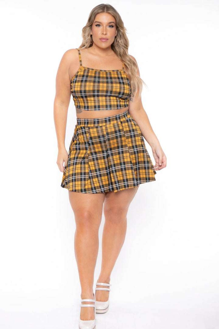 Sets * | Curvy Sense New Arrivals Plus Size Cher Matching Skirt Set Yellow