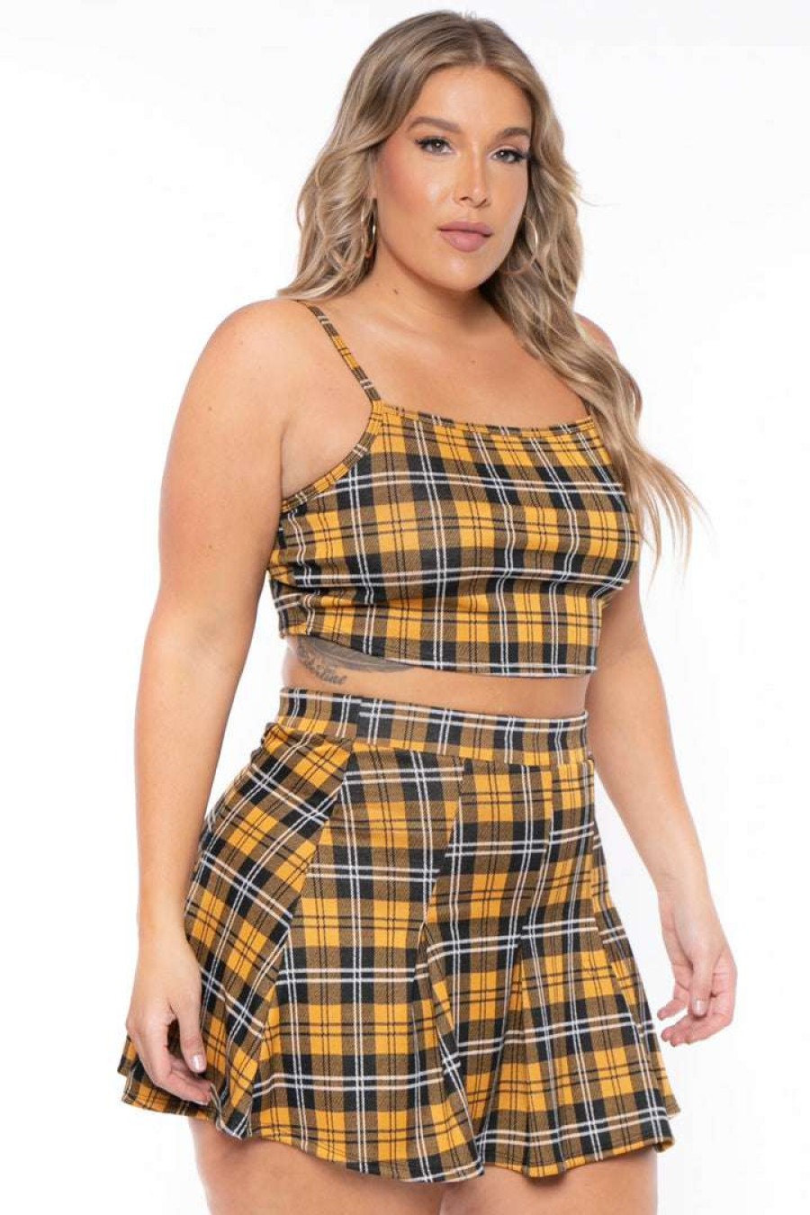 Sets * | Curvy Sense New Arrivals Plus Size Cher Matching Skirt Set Yellow