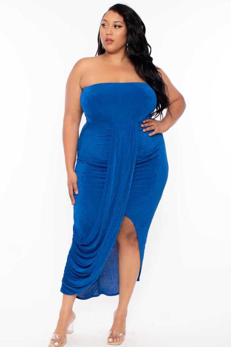 Dresses * | Curvy Sense Plus Size Rylee Front Drape Dress Party Shop Royal Blue