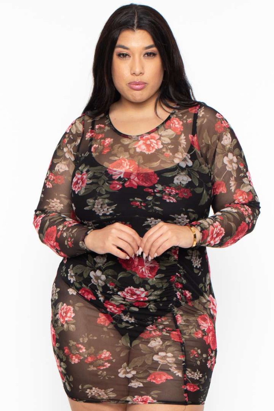 Dresses * | Curvy Sense Dresses Plus Size Rose Garden Mesh Dress Black