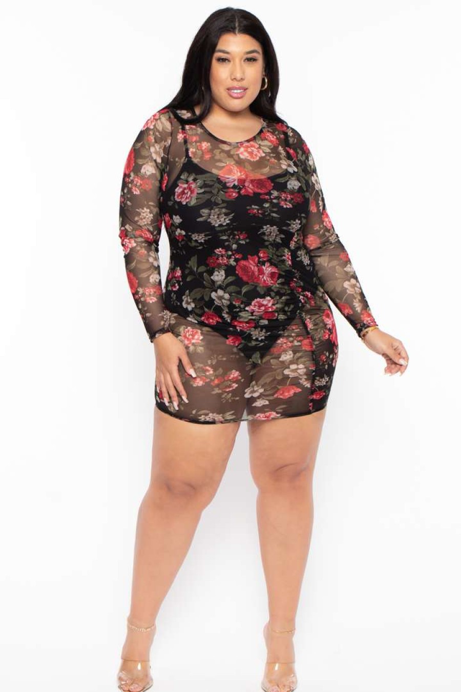 Dresses * | Curvy Sense Dresses Plus Size Rose Garden Mesh Dress Black