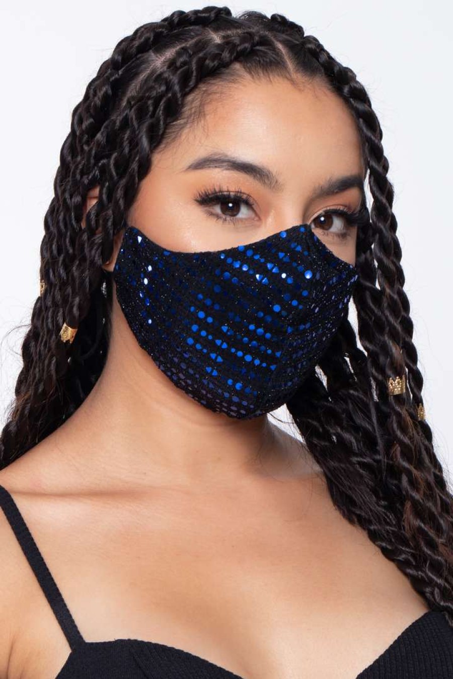 Accessories * | Curvy Sense Face Masks Washable Dual-Layer Fitted Sequins Face Mask Blue