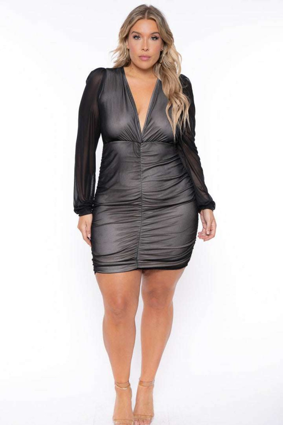 Dresses * | Curvy Sense Plus Size Feeling Myself Ruched Bodycon Dress New Arrivals Black