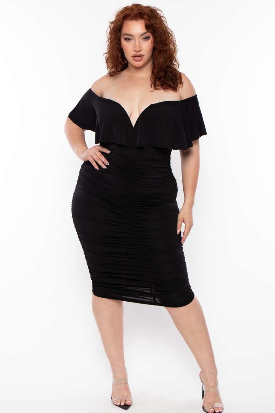 Dresses * | Curvy Sense Back In Stock Plus Size Roni Ruched Bodycon Dress Black