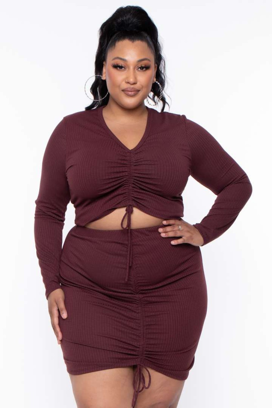 Sets * | Solid Matching Sets Plus Size Kika Crop Top & Skirt Set Red Brown