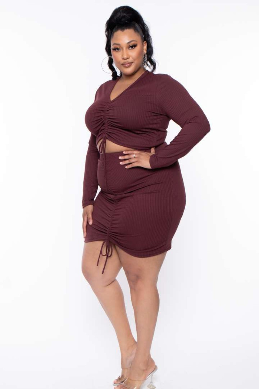 Sets * | Solid Matching Sets Plus Size Kika Crop Top & Skirt Set Red Brown