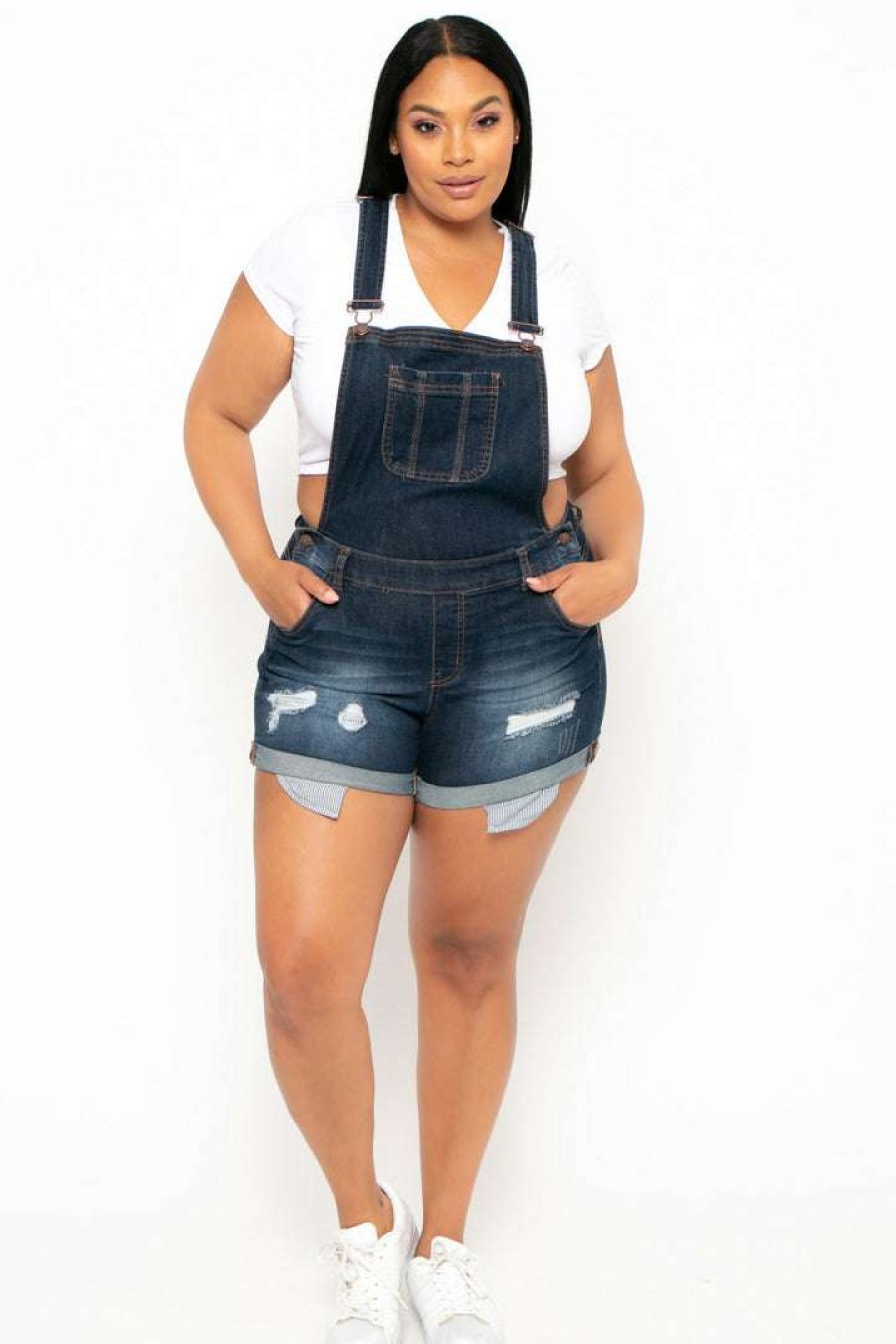 Bottoms * | Wax Jean Plus Size Destroyed Basic Denim Overall Shorts Dark Wash