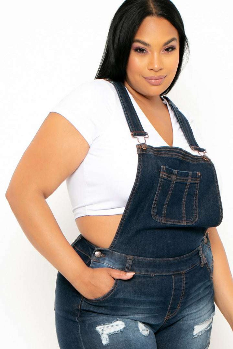 Bottoms * | Wax Jean Plus Size Destroyed Basic Denim Overall Shorts Dark Wash