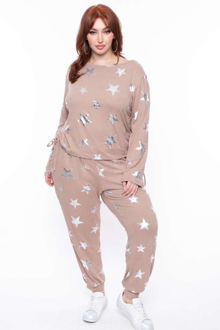 Sets * | Symphony Plus Size Stars Cozy Tracksuit Set Matching Sets Mocha