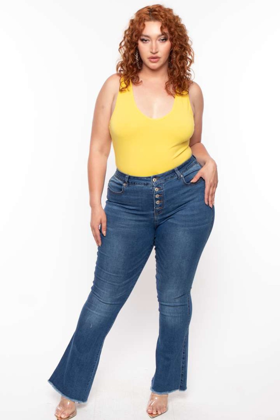 Tops * | Ambiance Tops Plus Size V-Neck Bodysuit Yellow