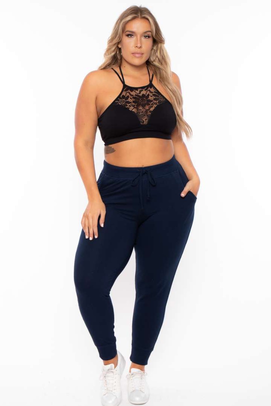 Bottoms * | Ambiance Plus Size Sweat Jogger Navy