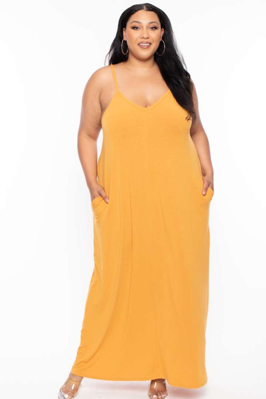 Dresses * | Zenana Dresses Plus Size Cami Strap Maxi Dress Mustard