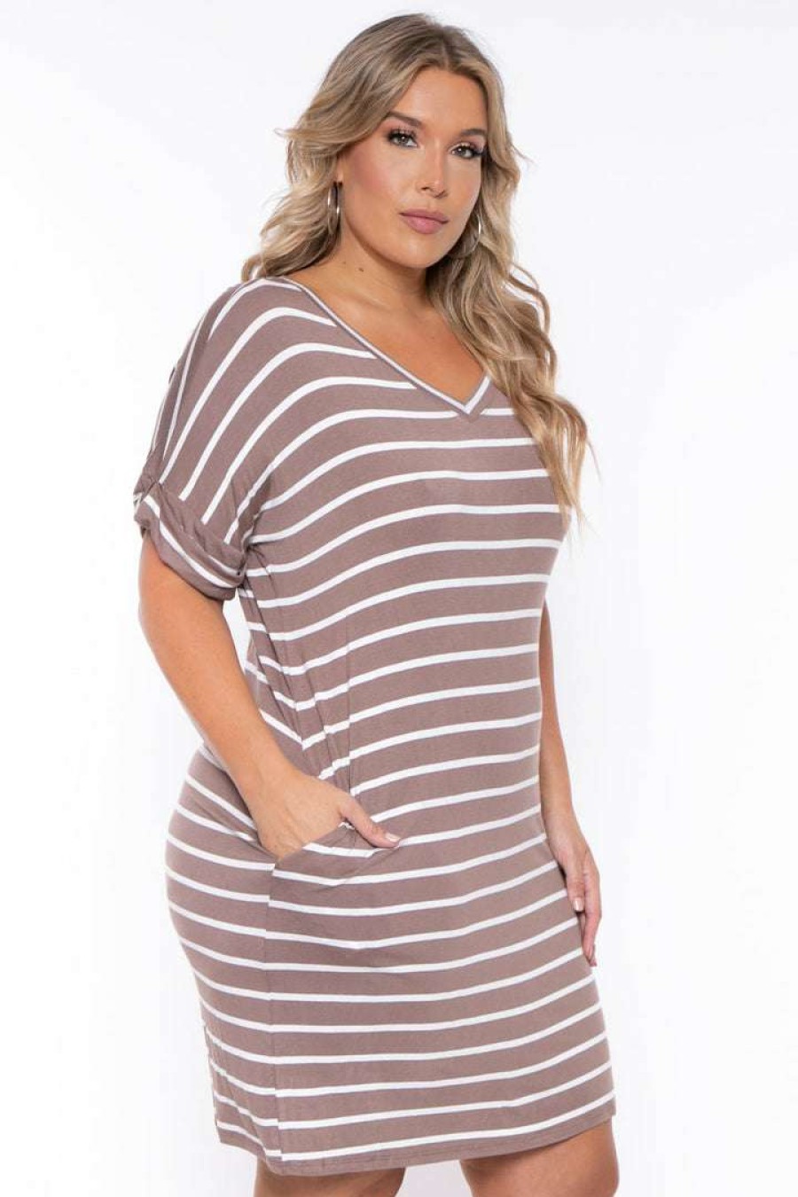 Dresses * | Zenana Plus Size Striped Basic T-Shirt Dress New Arrivals Mocha