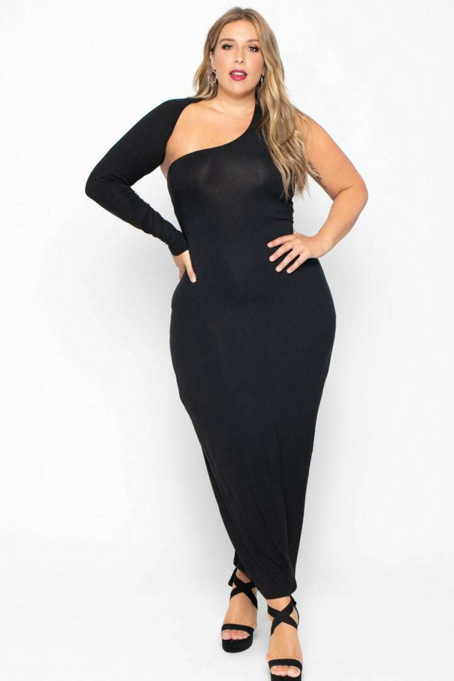 Dresses * | Curvy Sense Little Styles Plus Size Maxi One Sleeve Asymmetric Dress Black