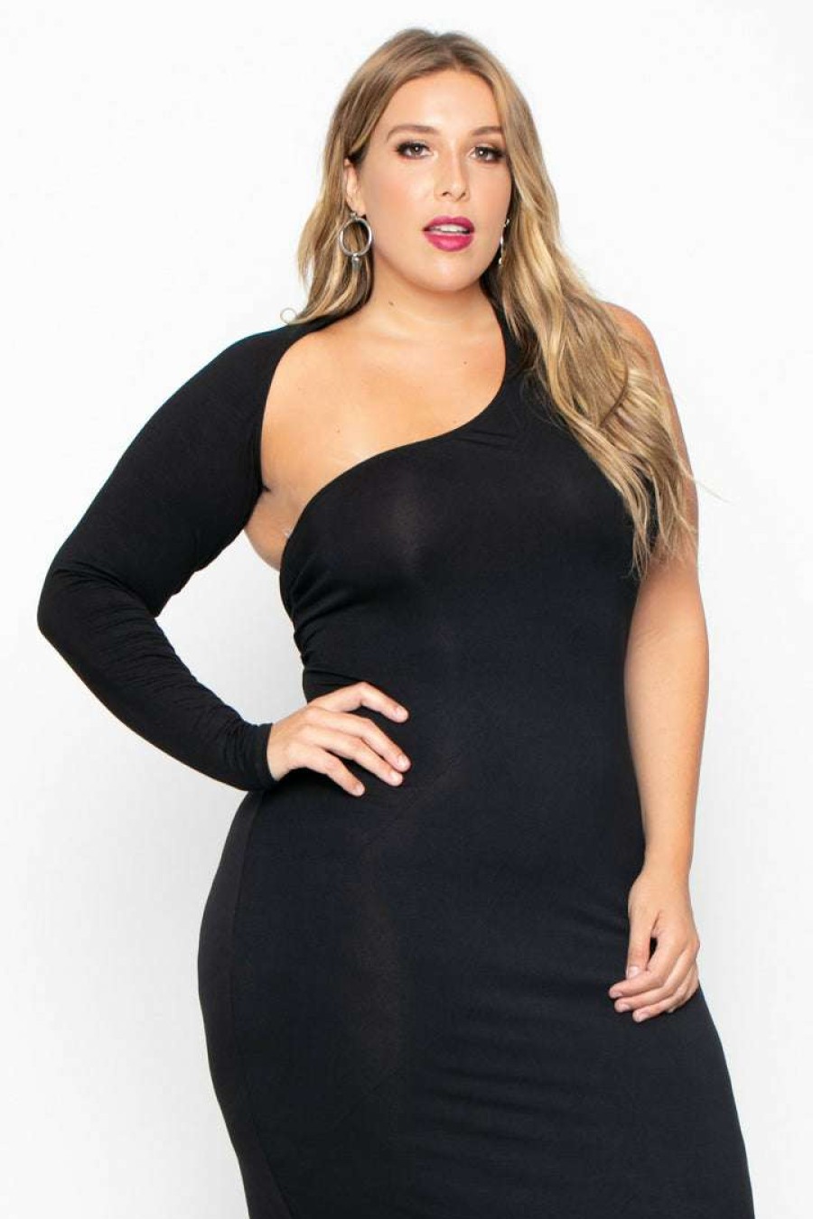 Dresses * | Curvy Sense Little Styles Plus Size Maxi One Sleeve Asymmetric Dress Black