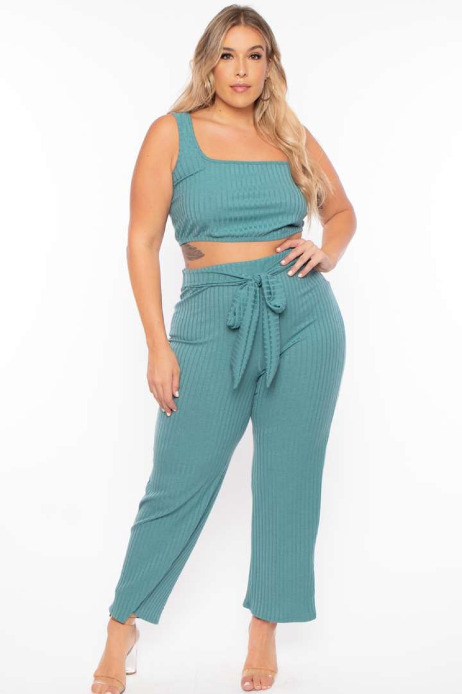 Sets * | Curvy Sense Plus Size Ribbed Crop Top And Pants Set Matching Sets Teal