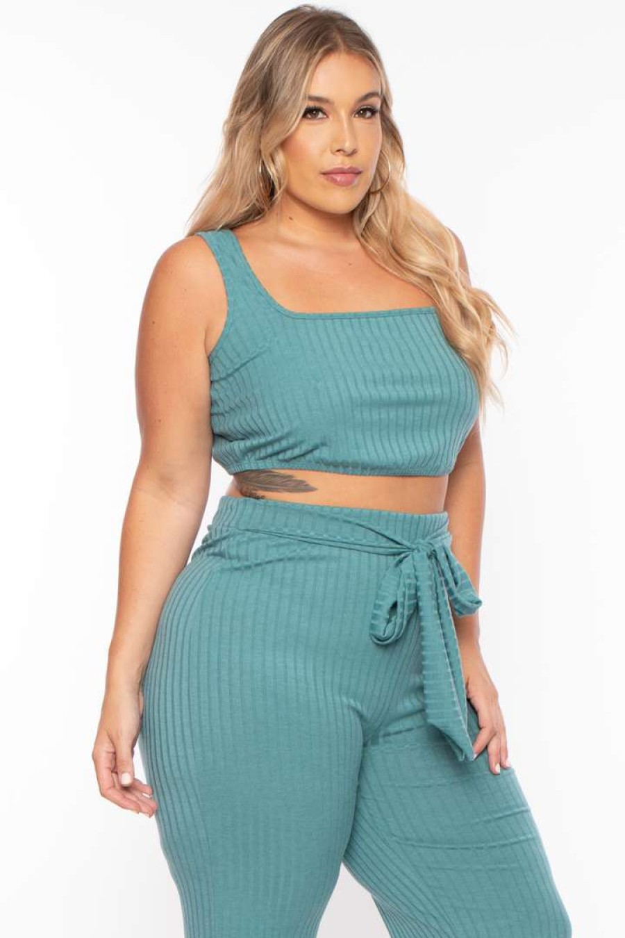 Sets * | Curvy Sense Plus Size Ribbed Crop Top And Pants Set Matching Sets Teal