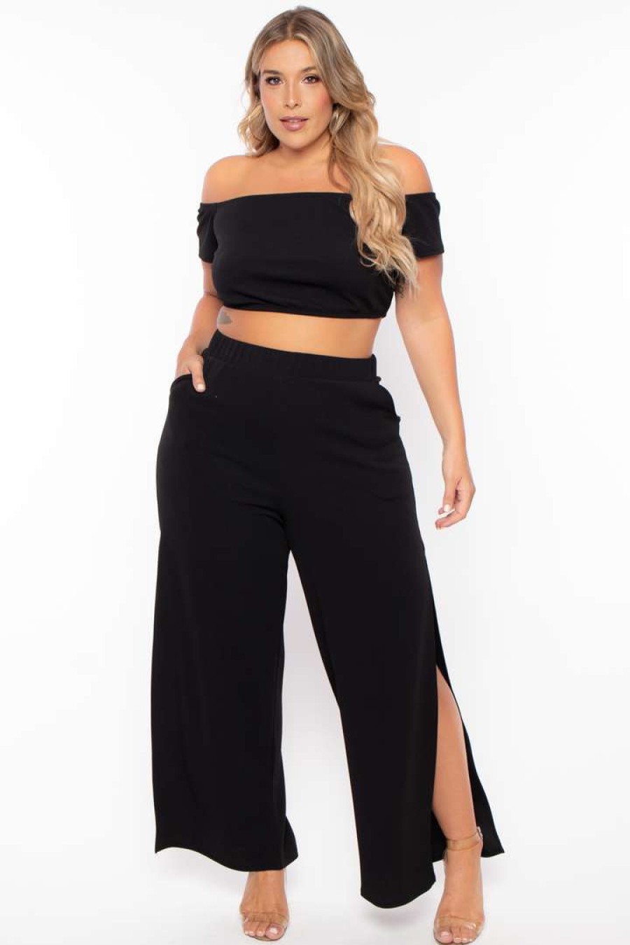 Sets * | Curvy Sense Plus Size Andrea Crop Top And Flare Pants Set Black