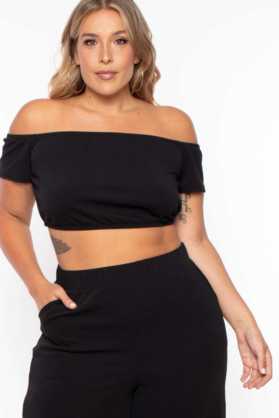 Sets * | Curvy Sense Plus Size Andrea Crop Top And Flare Pants Set Black